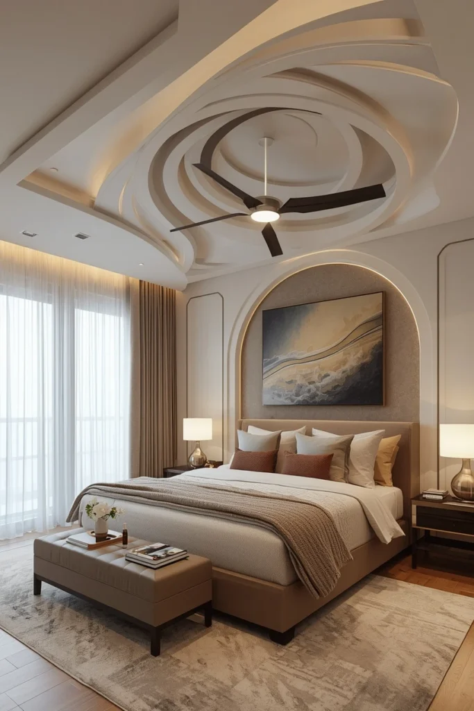 Soft sculptural curved ceiling in a custom bedroom design.