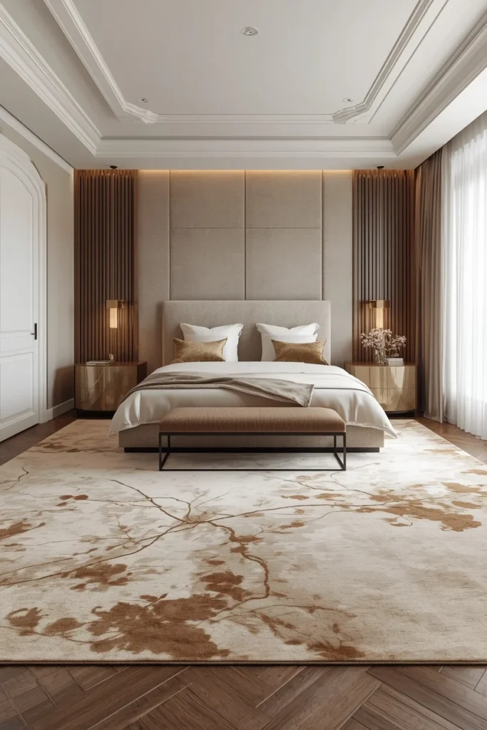 Silk blend rug with soft sheen on bedroom floor.