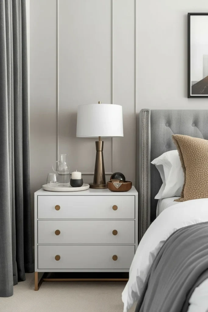 Tidy nightstand with lamp, tray, and small vase.
