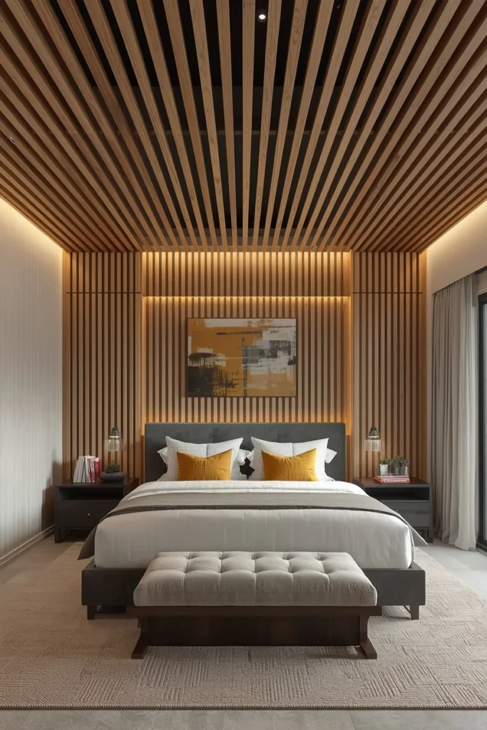 Slatted timber ceiling with gaps showing dark surface.