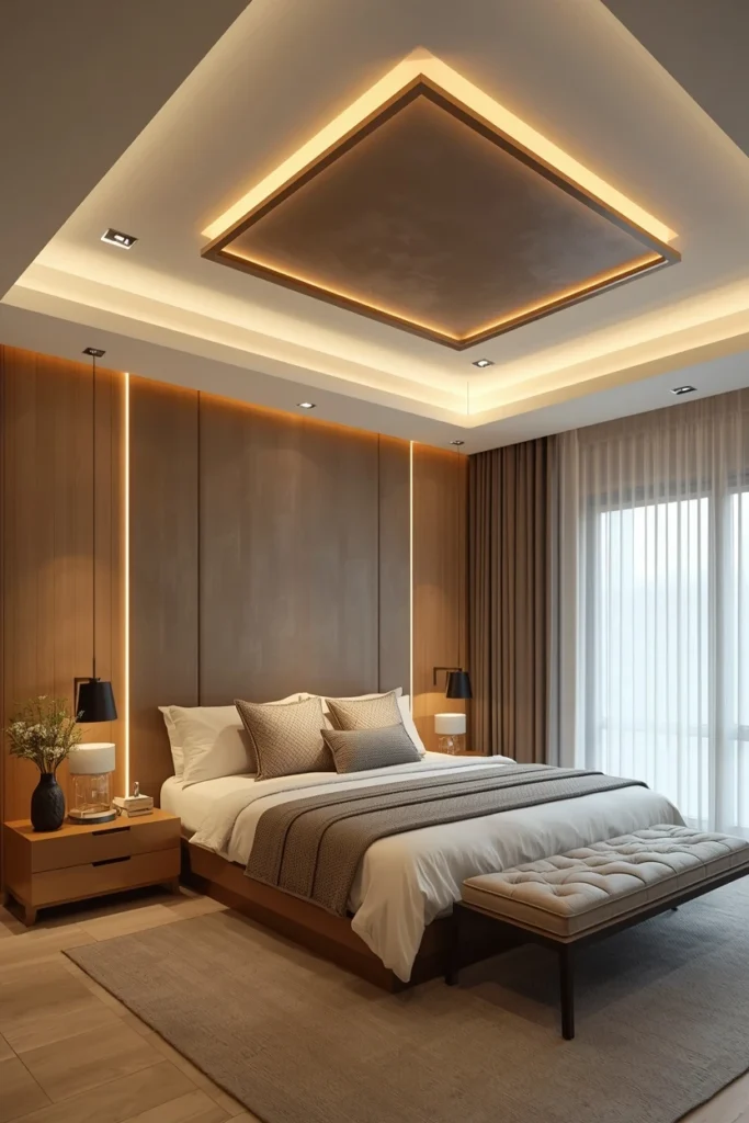 Smart layered ceiling lights set for evening bedroom mood.