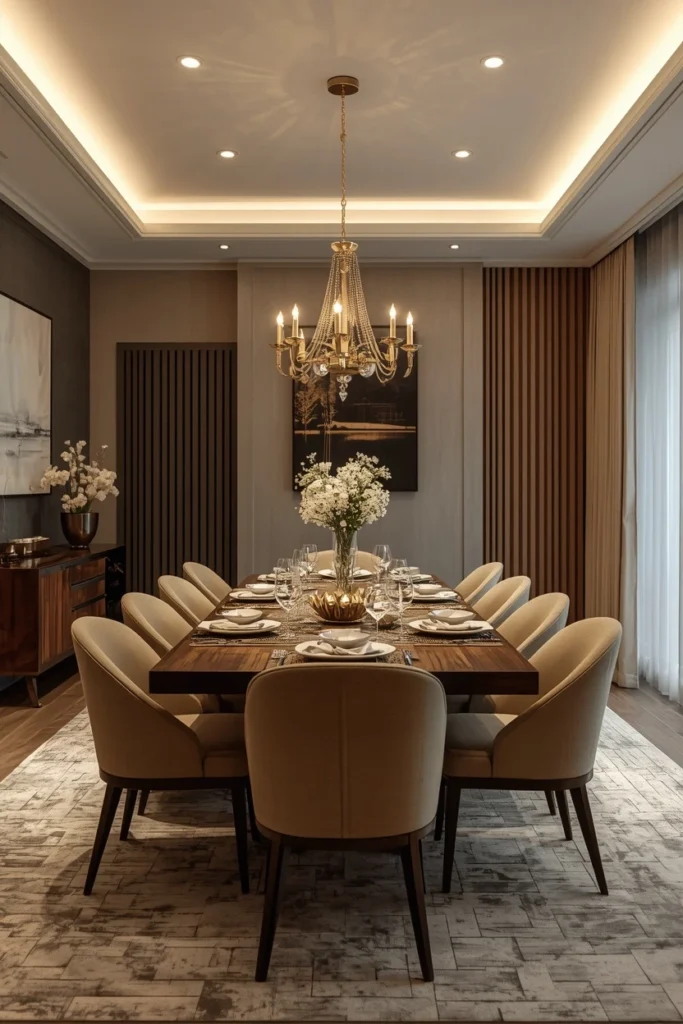 Smart lighting system brightening a modern dining room.