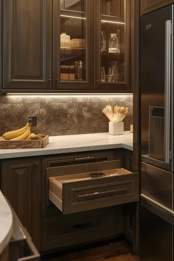 Motion-sensor lights activating inside a modern kitchen cabinet.