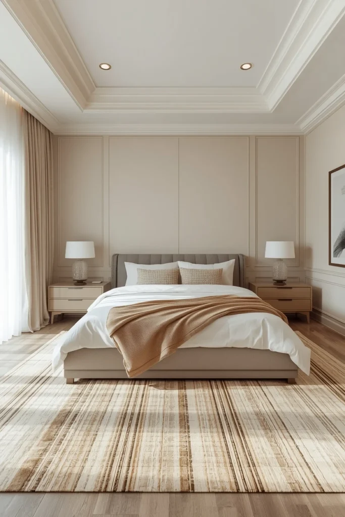 Striped cream and warm white bedroom floor rug.