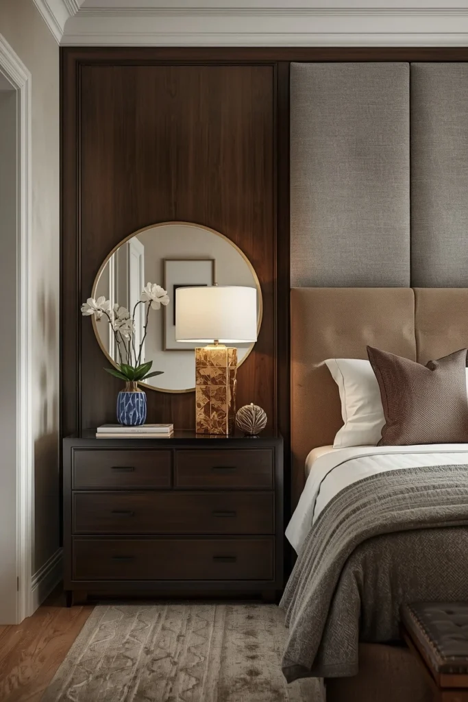 Mirror, tray, and vase styled on a bedroom dresser.