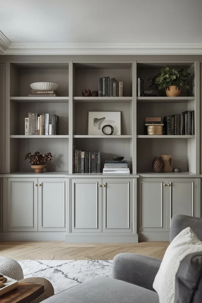 Neatly styled open shelves with plants and books