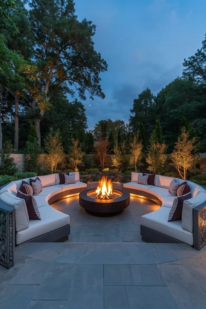 Sunken fire pit lounge with built-in stone seats