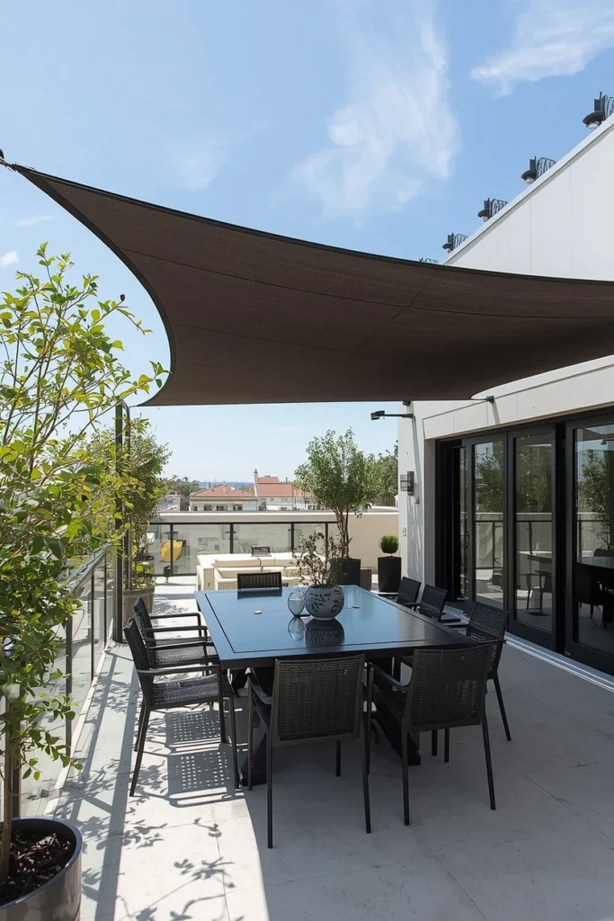 Tensile fabric canopy offering shade and privacy