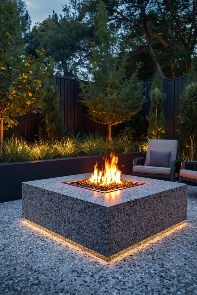Terrazzo tile fire pit base glowing at night