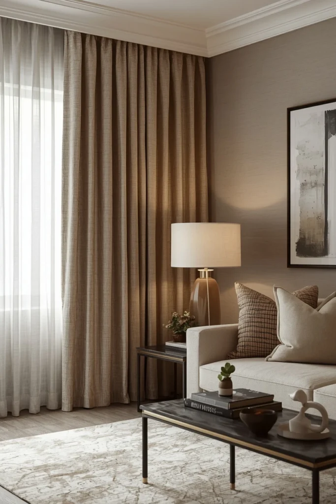 Boucle textured curtains hanging in a neutral living room.