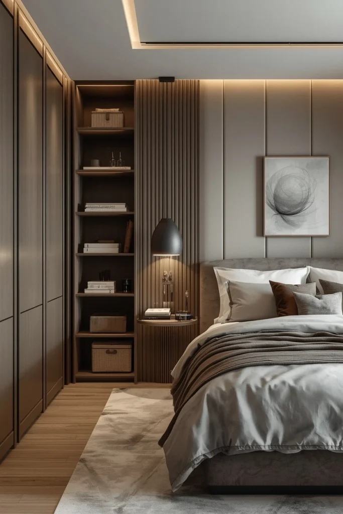 Neat wardrobe with hangers and luggage rack below.