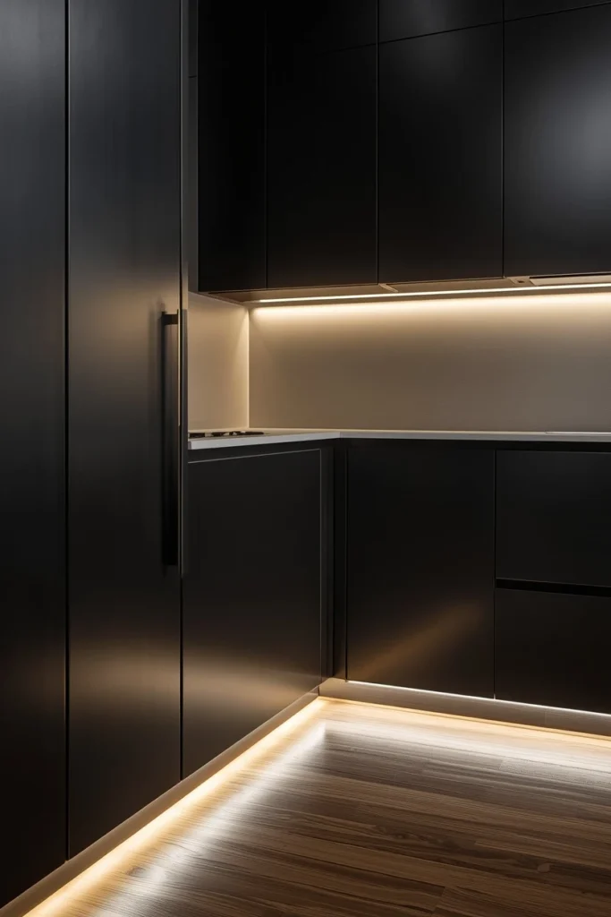 Toe-kick LED lighting at the base of dark kitchen cabinets.