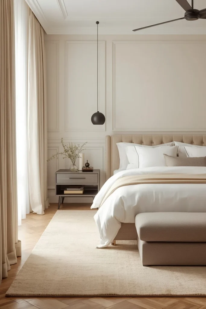 Tonal beige rug styled in a neutral calm bedroom.