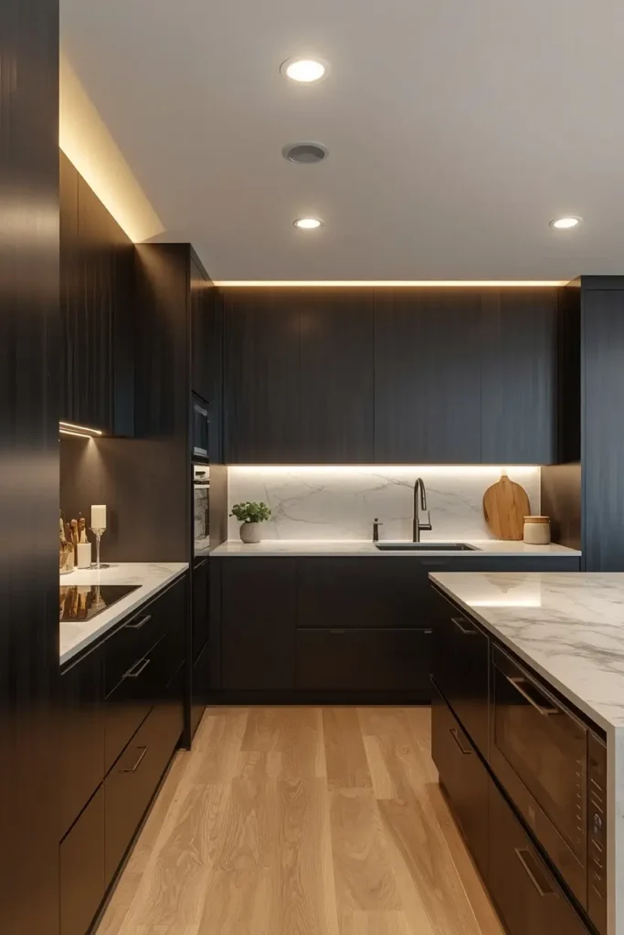Trimless recessed lights on a smooth modern kitchen ceiling.