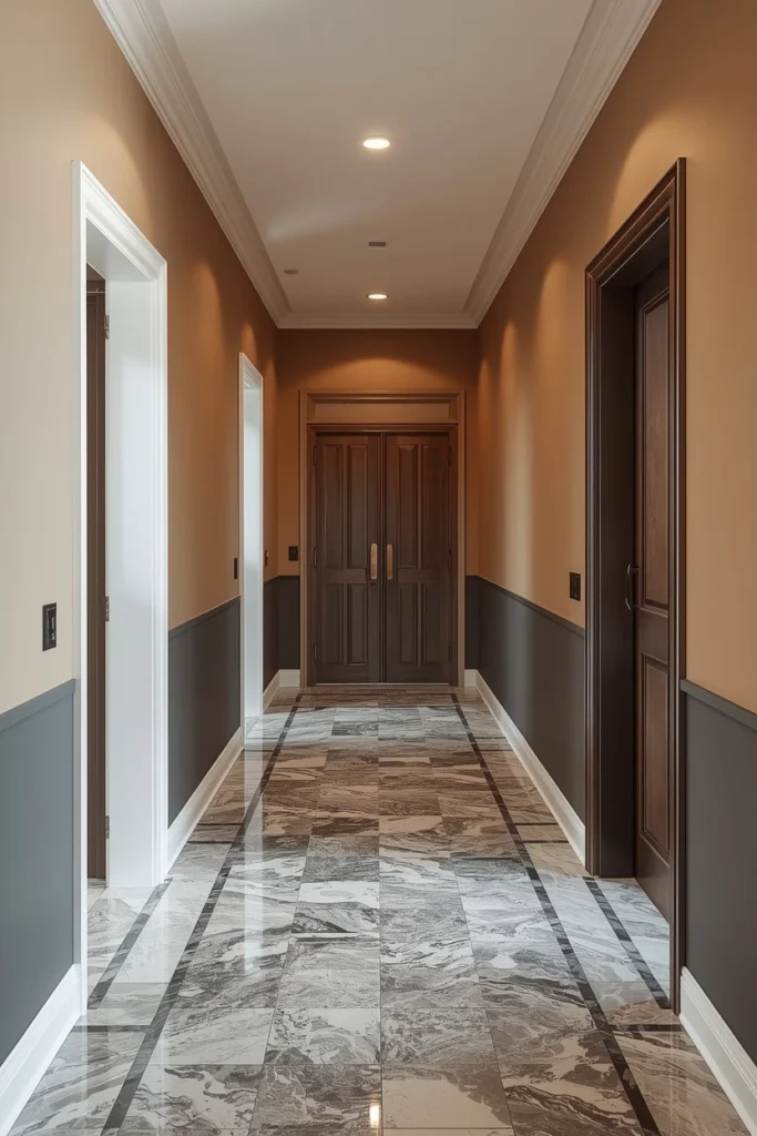 Two tone painted wall in modern narrow hallway