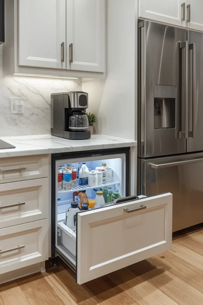 Under-counter fridge drawer built into a coffee bar cabinet.