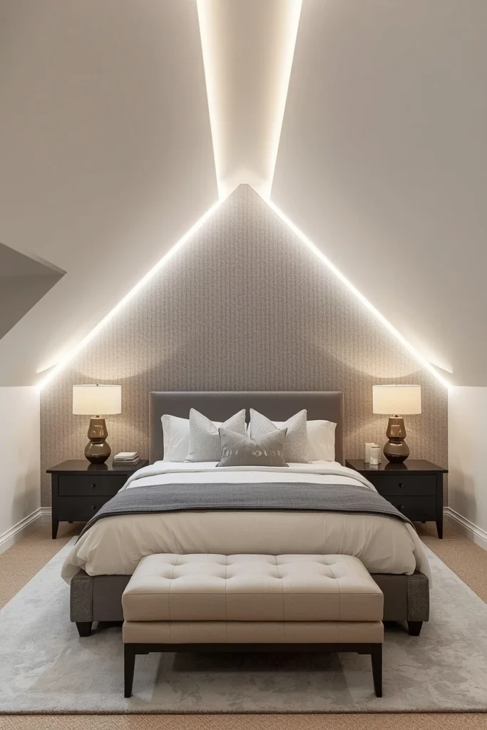 Vaulted ceiling with a slim ridge light bar installed.