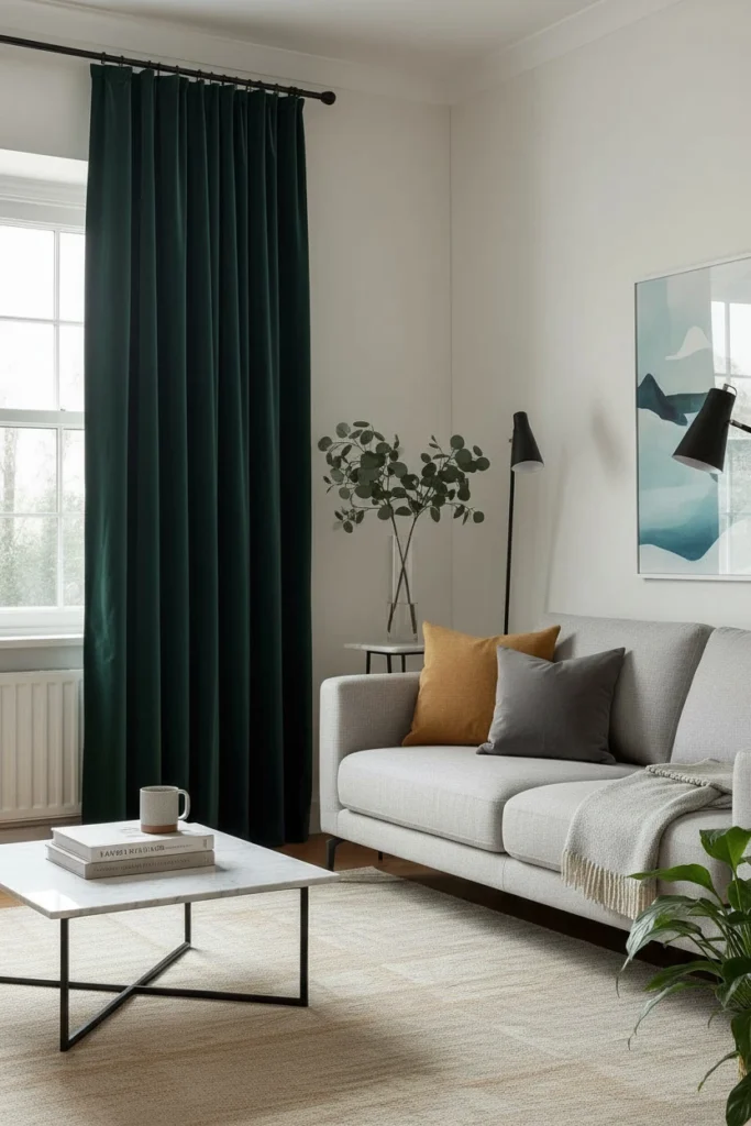 Deep green velvet curtains in a modern living room.