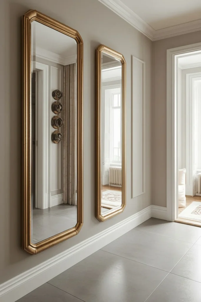 Aged vintage mirror panels with brass frames hallway