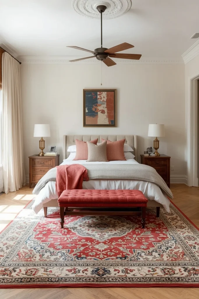 Vintage Persian rug with faded earthy bedroom tones.