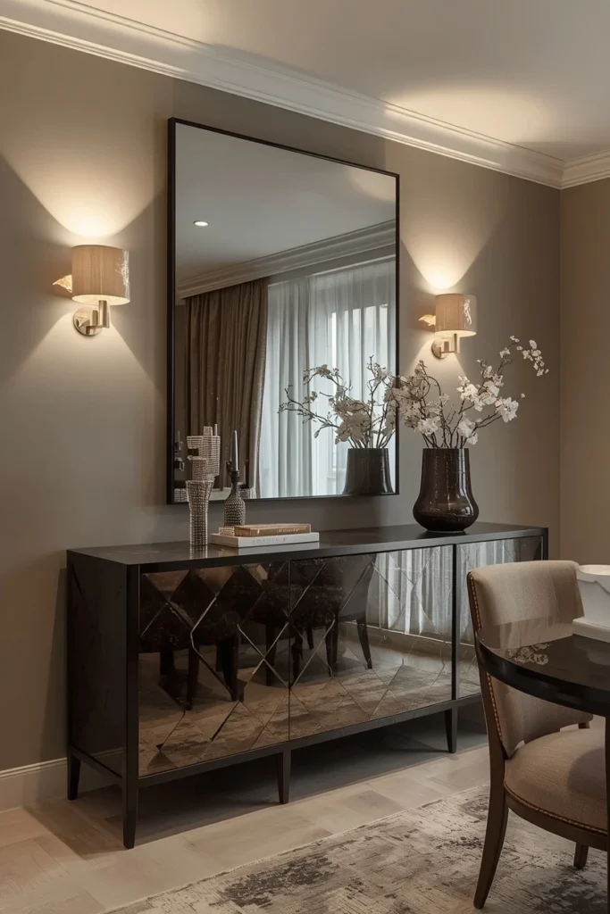 Wall lights framing a mirror beside a dining sideboard.
