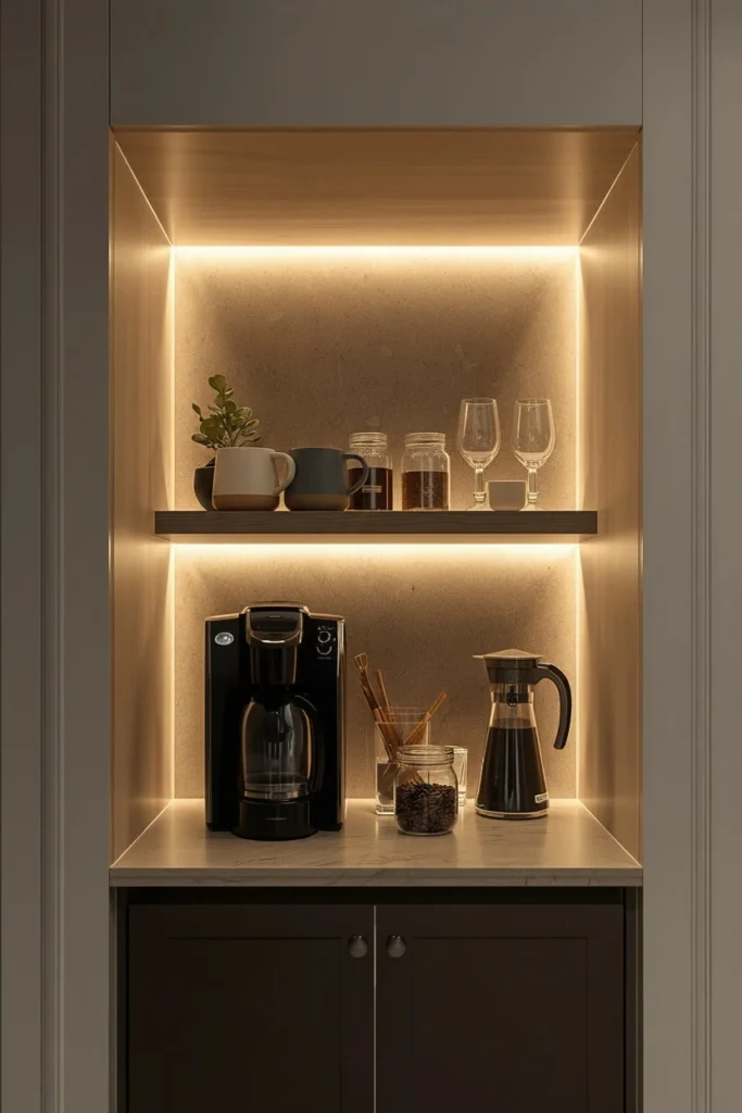 Wall niche with soft LED lighting behind a coffee machine.