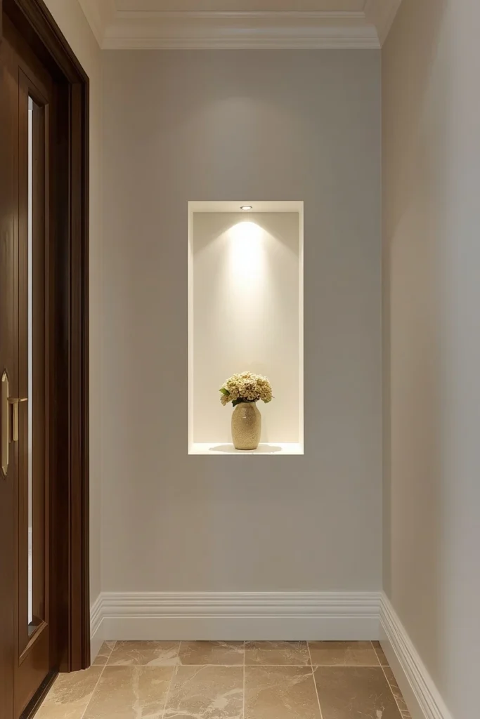 Lit wall niche display in modern hallway