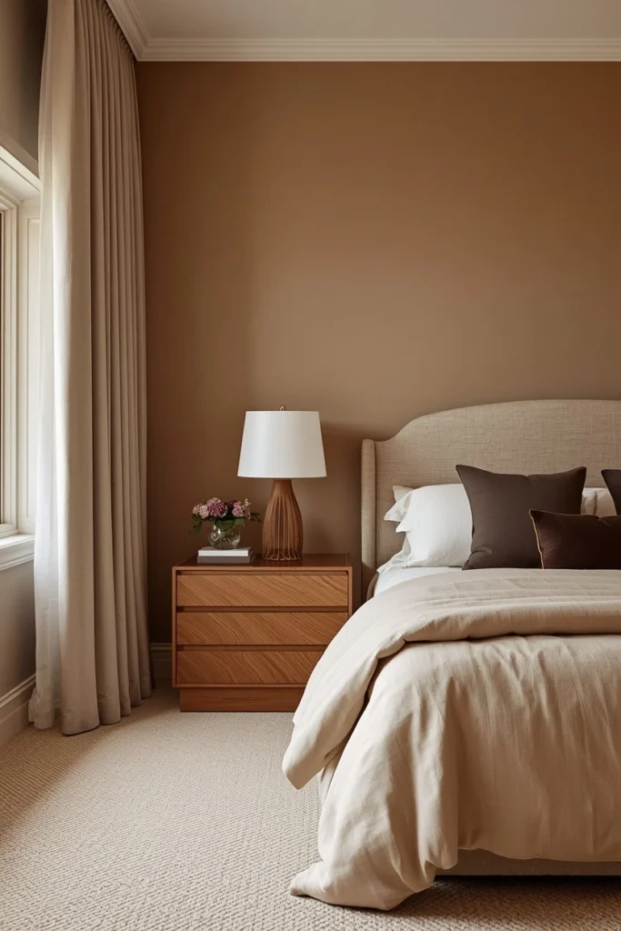 Soft taupe wall paint in a cosy bedroom.