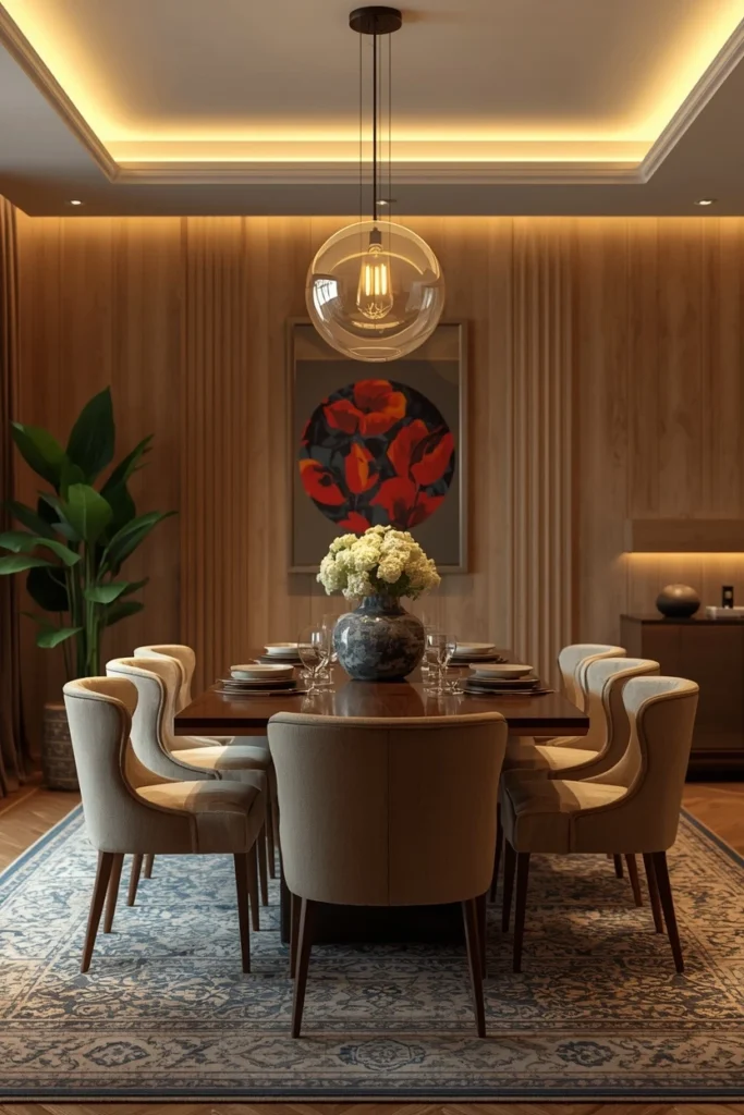 Warm white bulbs glowing softly in dining room.