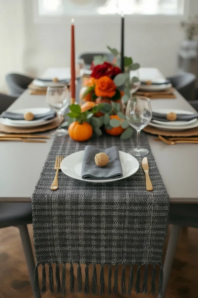 Camel woven runner layered over a linen tablecloth.
